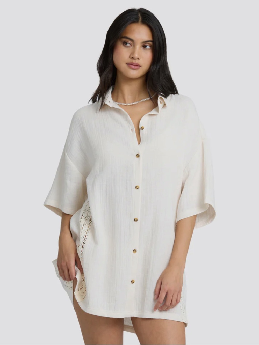 Billabong Feelin’ Fine Ivory Button-Front Cover Up Tunic / Shirt Dress